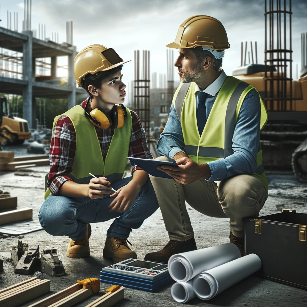 Photo-realistic illustration of a journeyman providing guidance to a young apprentice on an outdoor construction site.