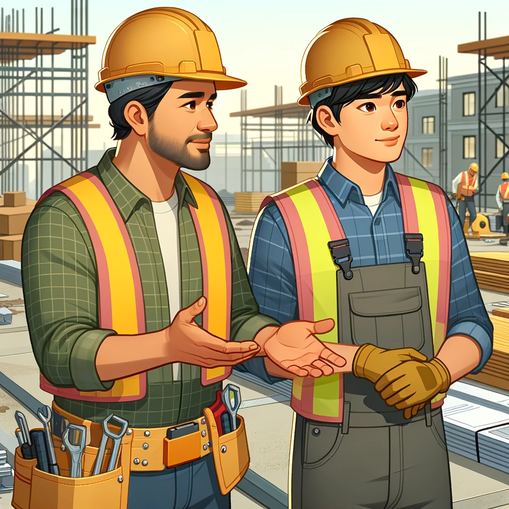Cartoon illustration of a journeyman providing guidance to a younger apprentice on an outdoor construction site.