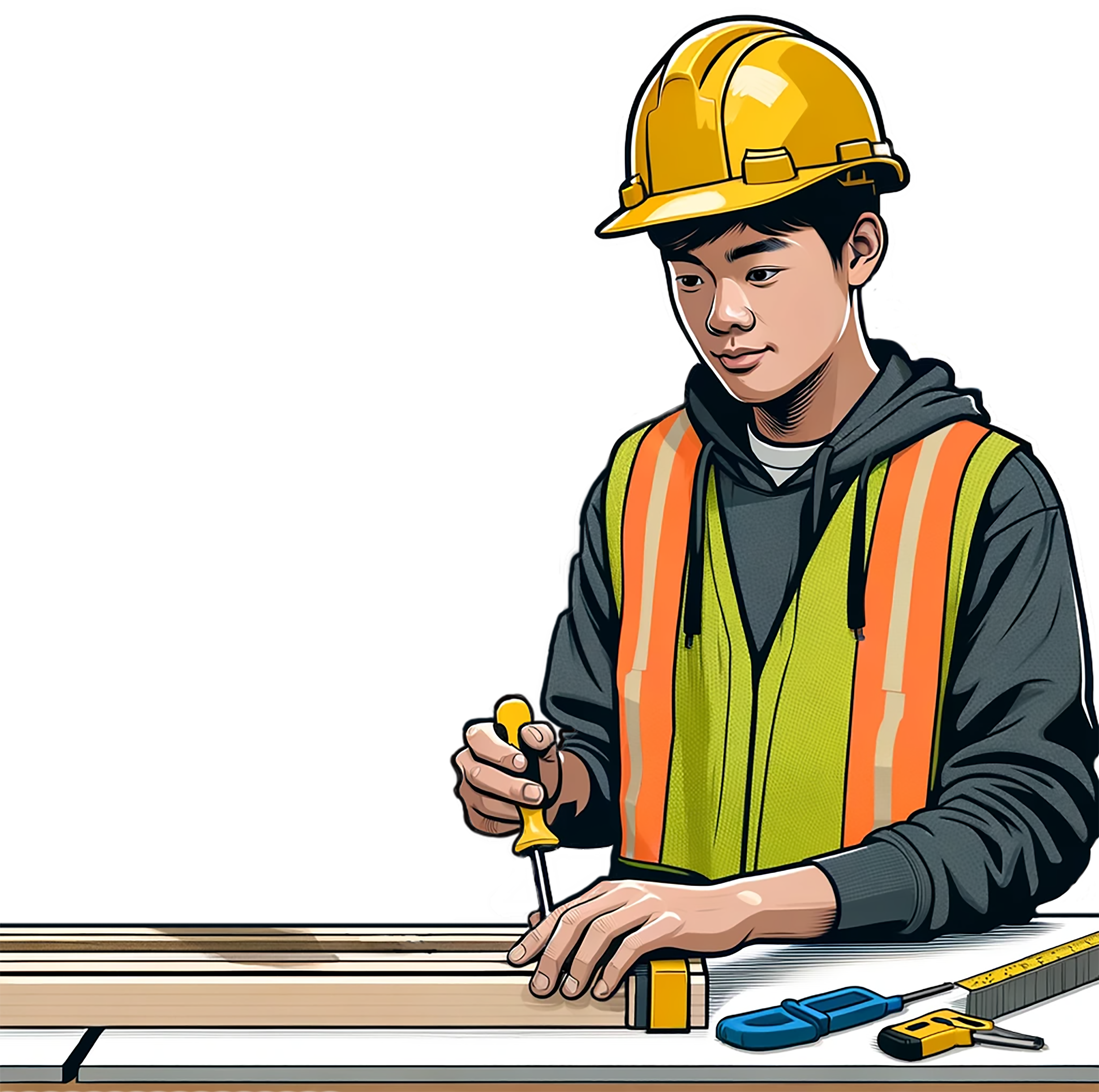 Illustration showing a carpentry apprentice wearing personal protective equipment (PPE) while working on a woodworking project.