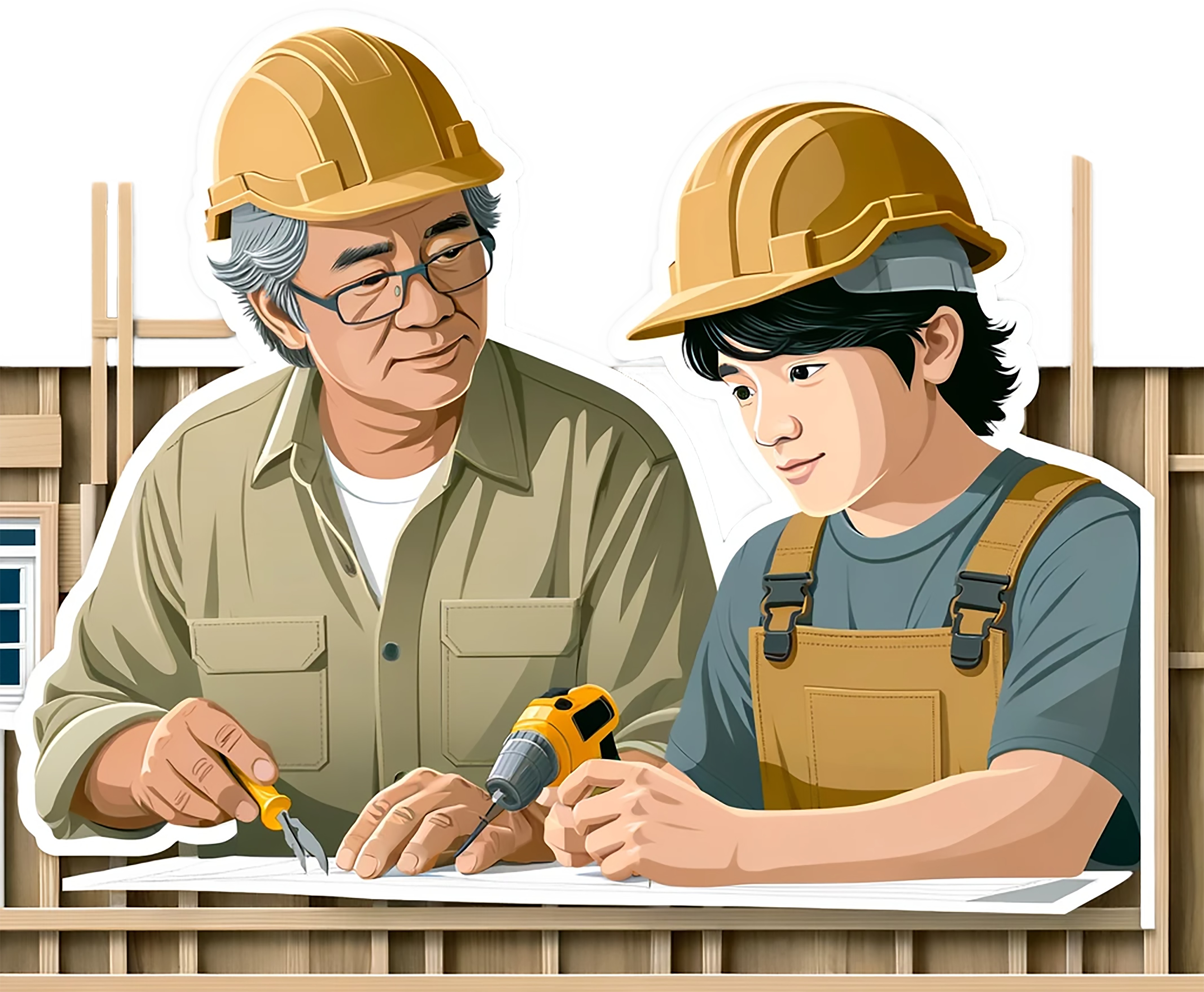 Illustration of an instructor and apprentice working together on a project.
