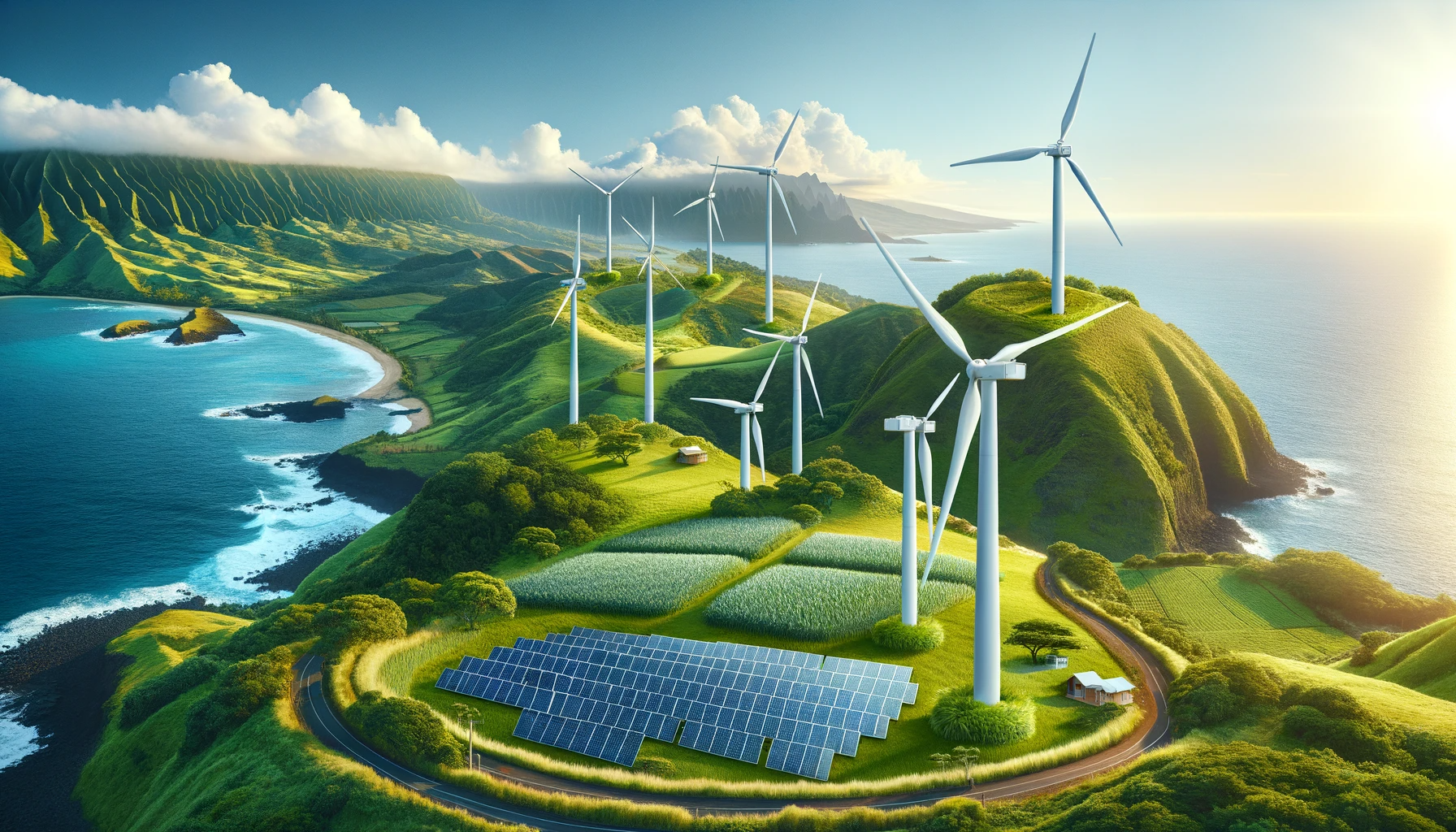 Artistic illustration depicting Hawaii's coastline adorned with wind turbines and solar panels, visualizing the potential for clean energy advancements throughout the state.