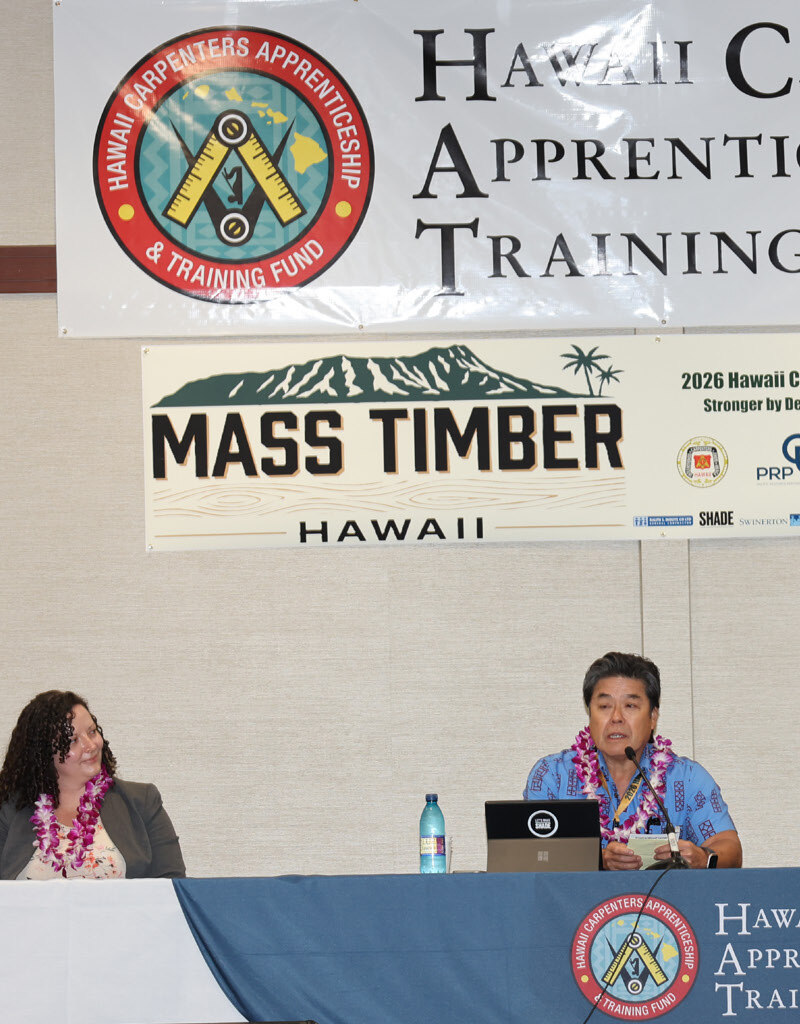 Mass Timber Hawaii and HCATF logos at the 2026 conference.