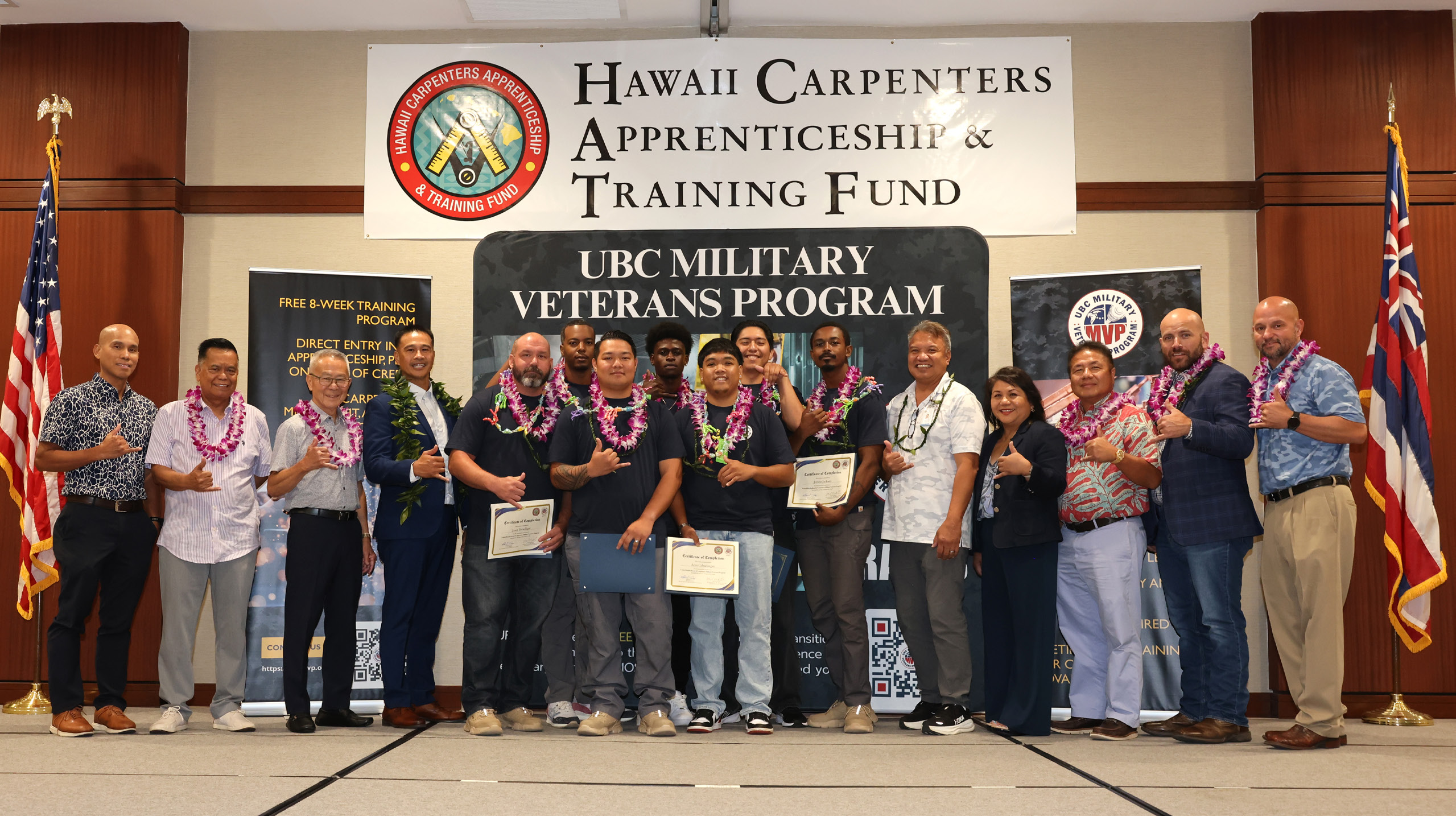 The inaugural UBC Military Veterans Program Hawaii graduating class celebrates with HCATF staff and supporters.